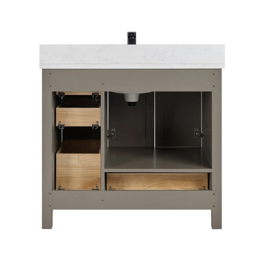 Bathroom vanity with wooden cabinets and white countertop, featuring a toilet and towel on the side.