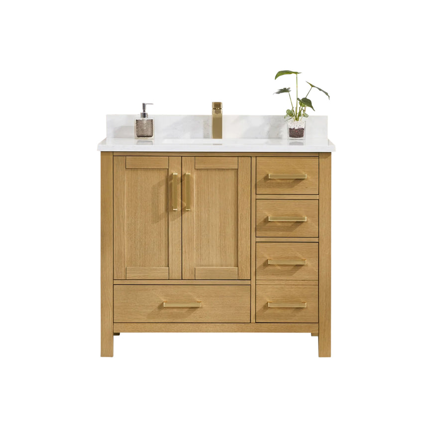 Bathroom vanity with wooden cabinets and white countertop, featuring a toilet and towel on the side.