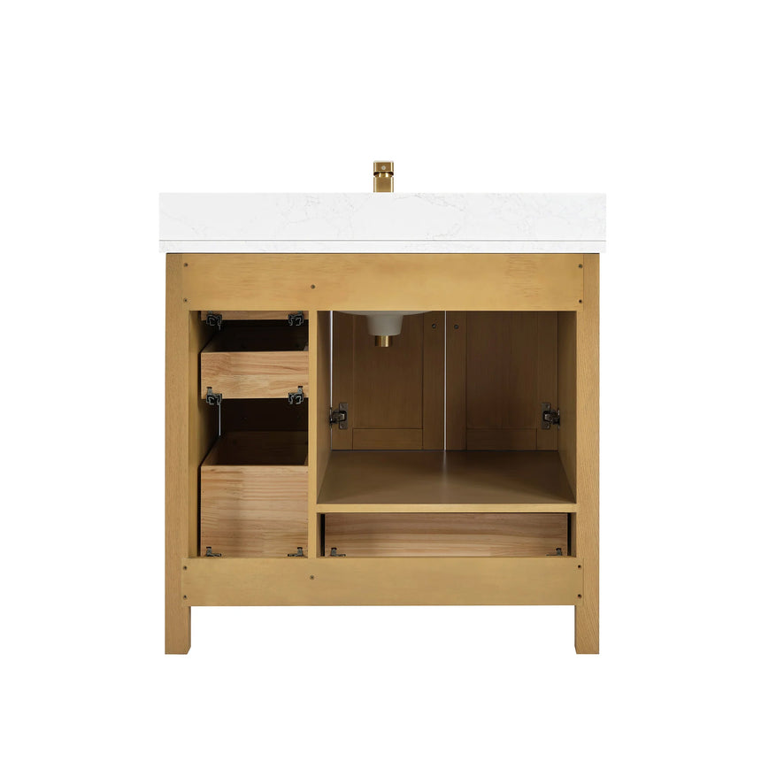 Bathroom vanity with wooden cabinets and white countertop, featuring a toilet and towel on the side.