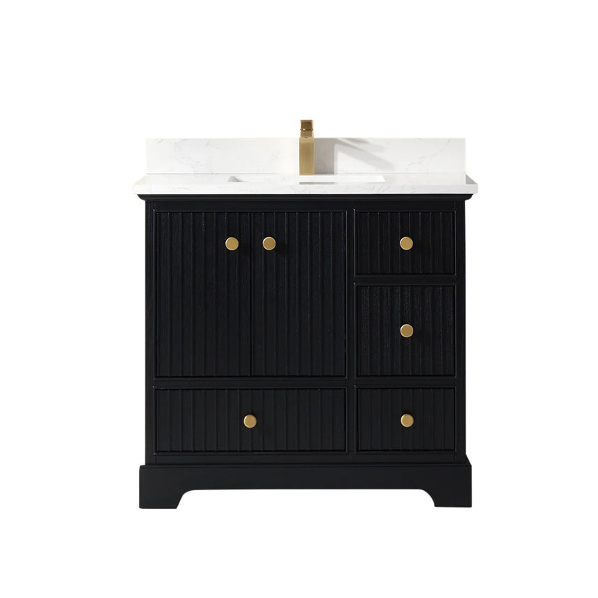 Bathroom vanity with wooden cabinet and white countertop in a bathroom setting.