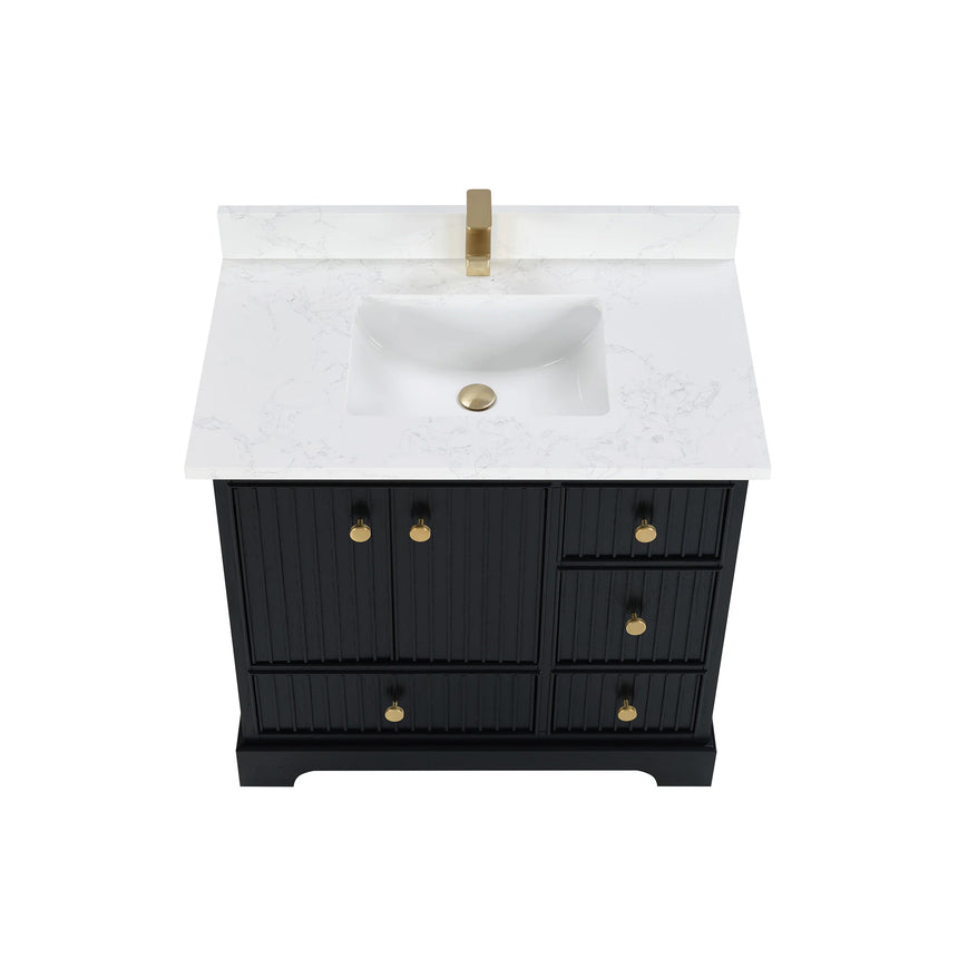 Bathroom vanity with wooden cabinet and white countertop in a bathroom setting.