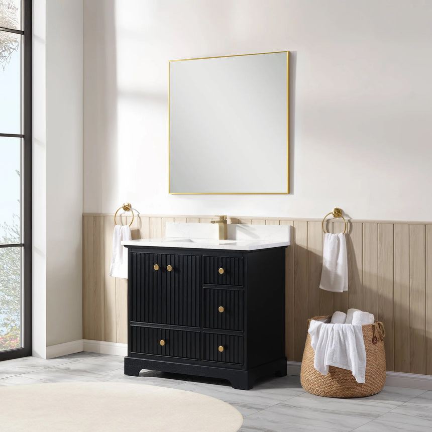 Bathroom vanity with wooden cabinet and white countertop in a bathroom setting.