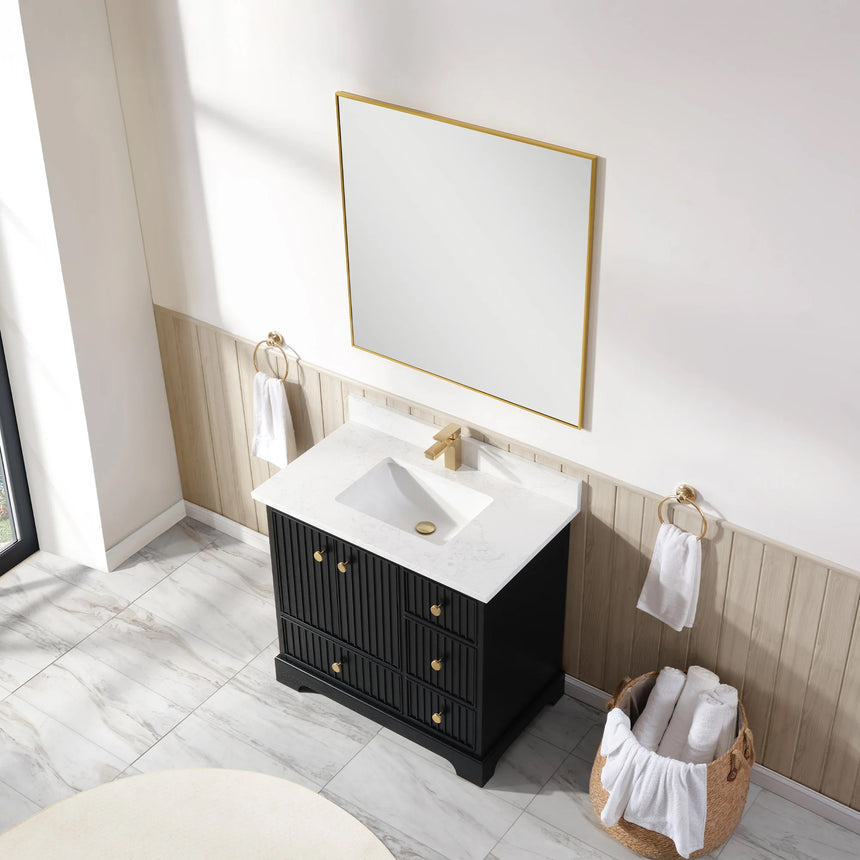 Bathroom vanity with wooden cabinet and white countertop in a bathroom setting.
