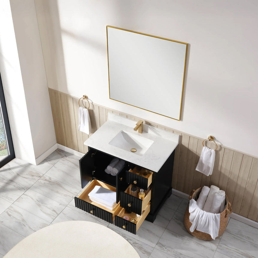 Bathroom vanity with wooden cabinet and white countertop in a bathroom setting.