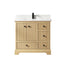 Wooden bathroom vanity with white countertop and black fixtures on a white background