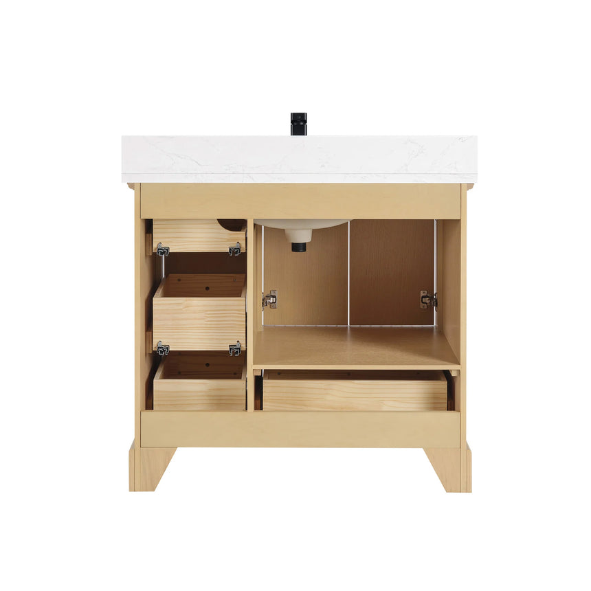 Bathroom vanity with wooden cabinet and white countertop in a bathroom setting.