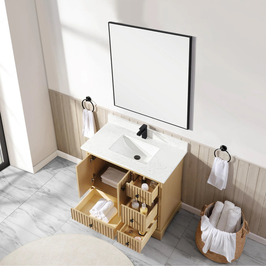 Bathroom vanity with wooden cabinet and white countertop in a bathroom setting.
