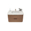 Bathroom vanity with white countertop and wooden cabinet on a white background