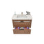Bathroom vanity with sink, toiletries, and towels on a white background