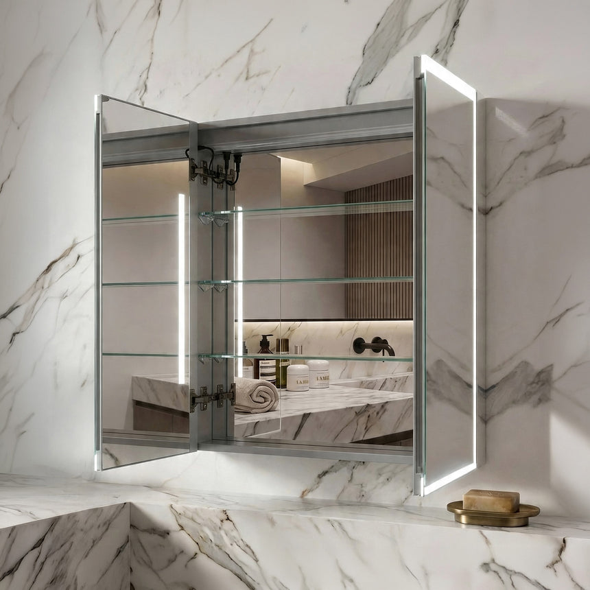 Bathroom mirror with LED lighting on a concrete wall.