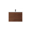 Wooden bathroom vanity with white countertop on a white background
