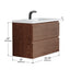 Wooden bathroom vanity with white countertop and dimensions labeled