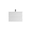 White vanity with black faucet on a white background