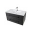 Bathroom vanity with white countertop and black cabinet on a white background
