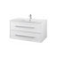 White bathroom vanity with two drawers and a sink on a white background