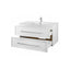 White bathroom vanity with sink and drawers on a white background