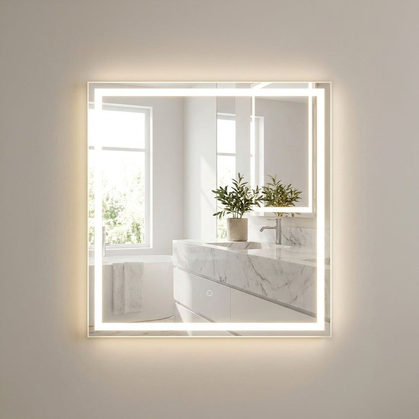 Bathroom mirror with LED lighting on a concrete wall.
