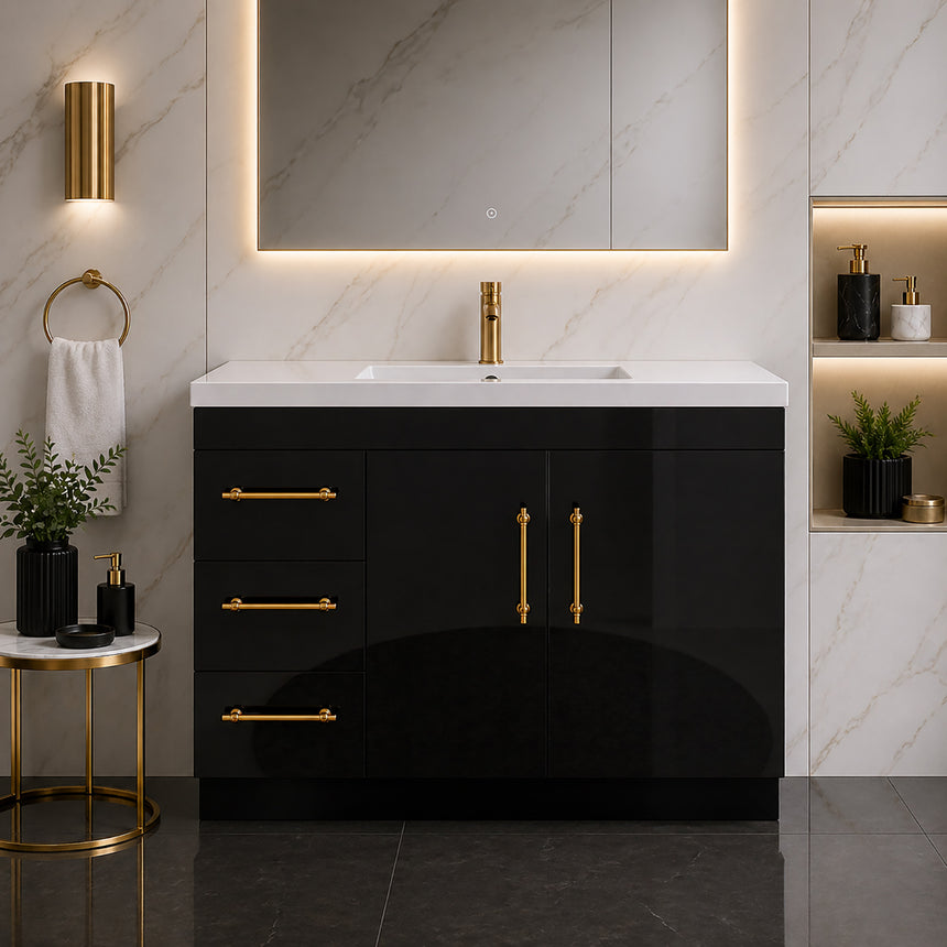 Bathroom with wooden vanity, sink, and decorative elements.