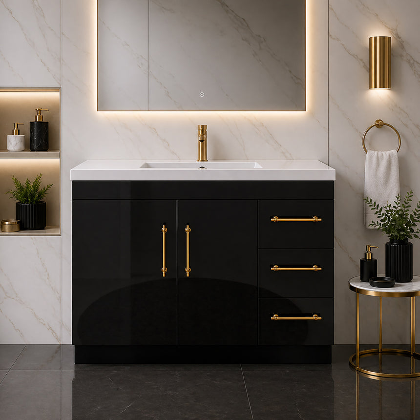 Bathroom with wooden vanity, sink, and decorative elements.