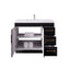 Black bathroom vanity with open cabinet showing towels and toiletries on a white background