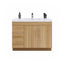 Bathroom vanity with wooden finish, white countertop, and gold fixtures on a white background