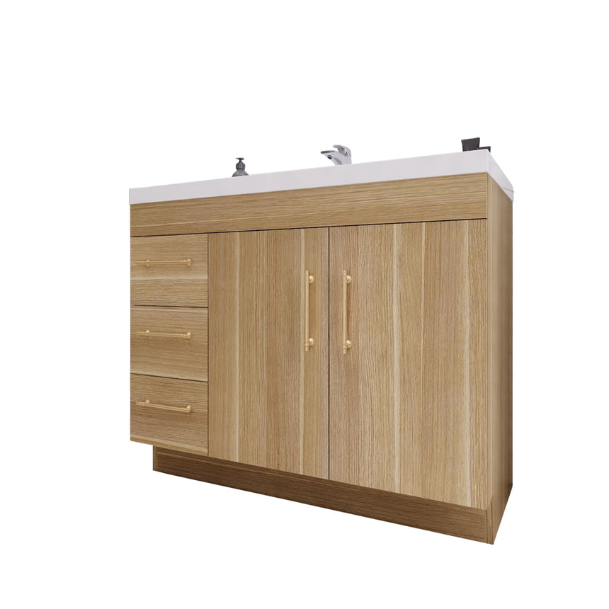 Bathroom with wooden vanity, sink, and decorative elements.