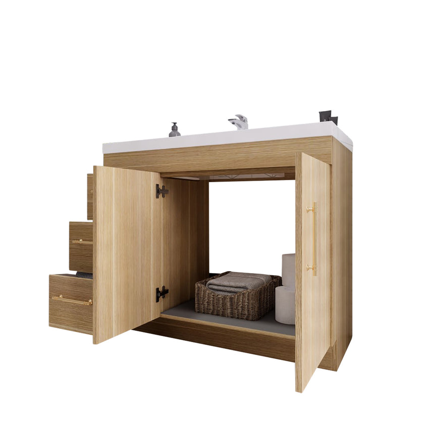 Bathroom with wooden vanity, sink, and decorative elements.