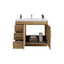 Wooden bathroom vanity with open doors on a white background