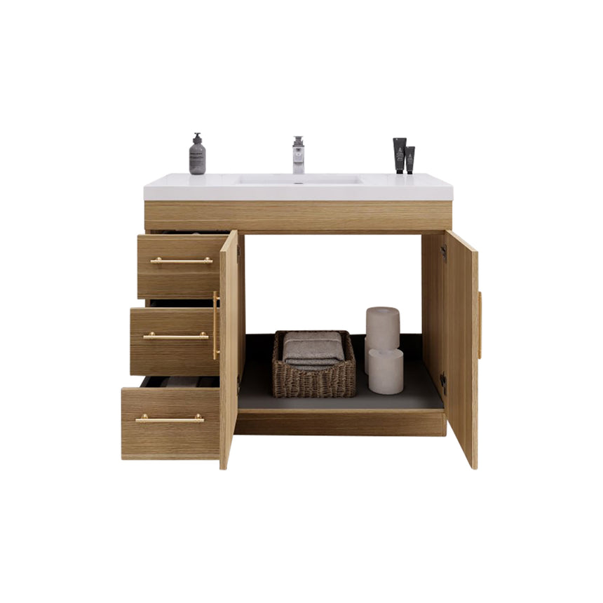 Bathroom with wooden vanity, sink, and decorative elements.