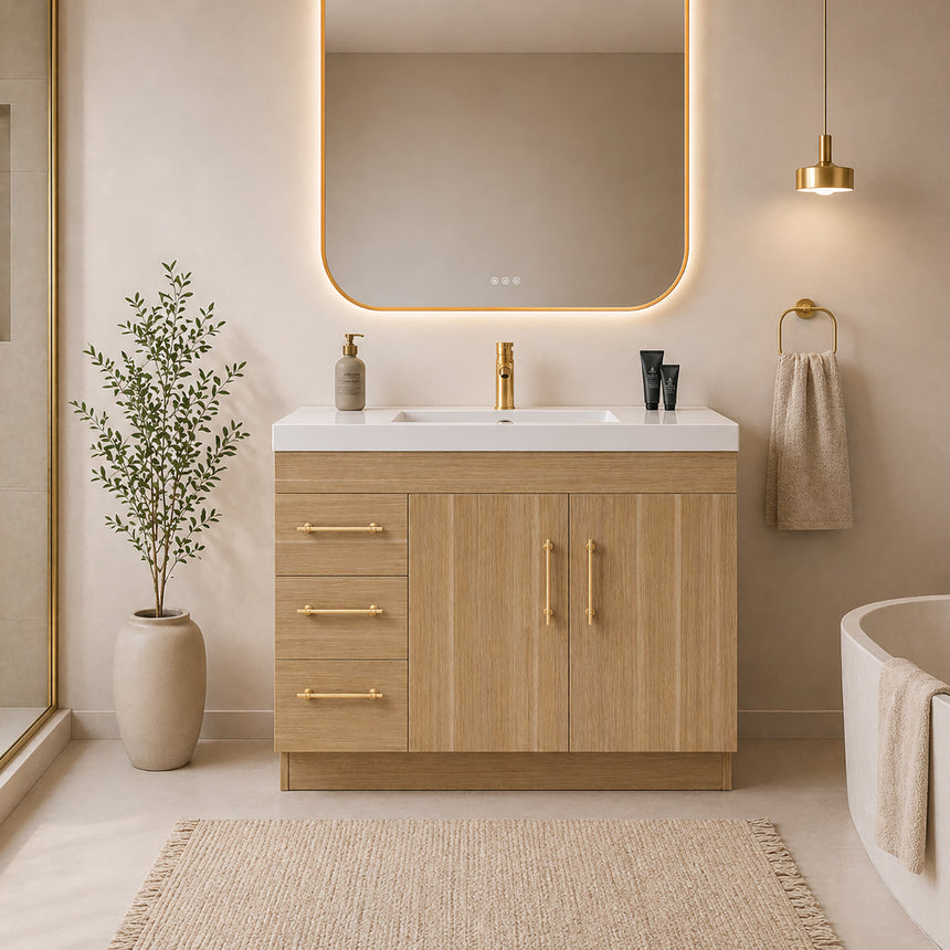 Bathroom with wooden vanity, sink, and decorative elements.