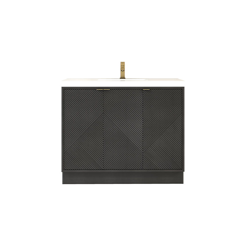 Bathroom vanity with wooden cabinets and decorative elements