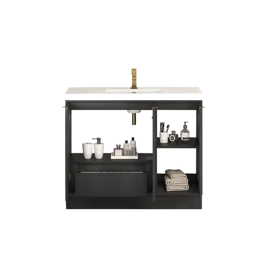 Bathroom vanity with wooden cabinets and decorative elements