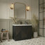 Mid-Century Modern Bathroom interior with a vanity unit, mirror, and decorative elements.