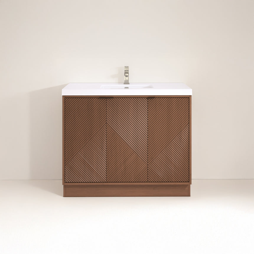 Bathroom vanity with wooden cabinets and decorative elements