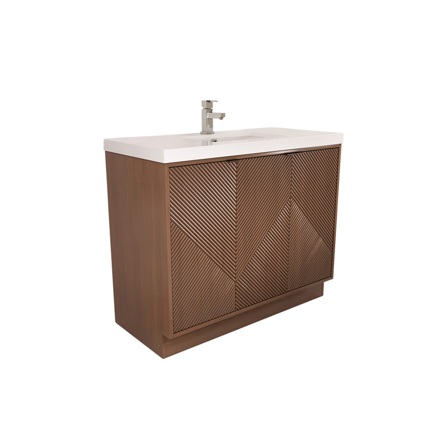 Bathroom vanity with wooden cabinets and decorative elements