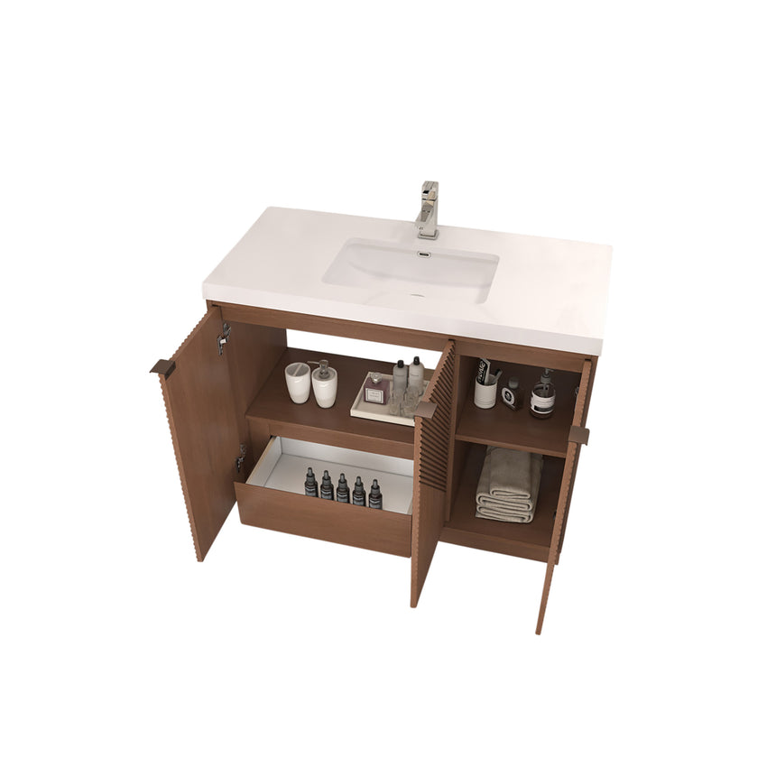 Bathroom vanity with wooden cabinets and decorative elements