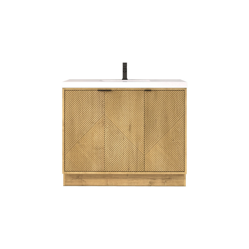 Bathroom vanity with wooden cabinets and decorative elements