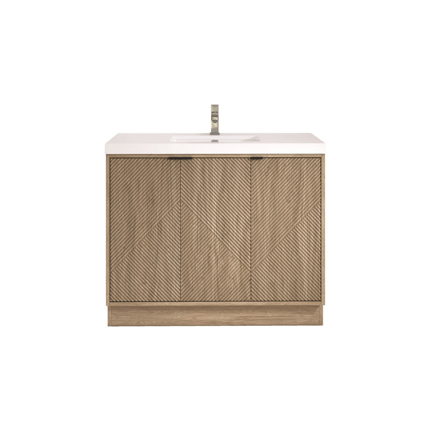 Bathroom vanity with wooden cabinets and decorative elements