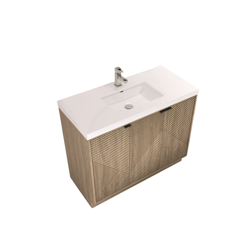 Bathroom vanity with wooden cabinets and decorative elements