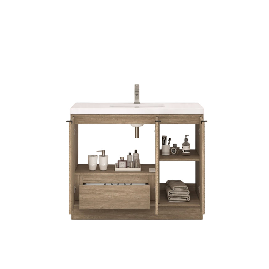 Bathroom vanity with wooden cabinets and decorative elements