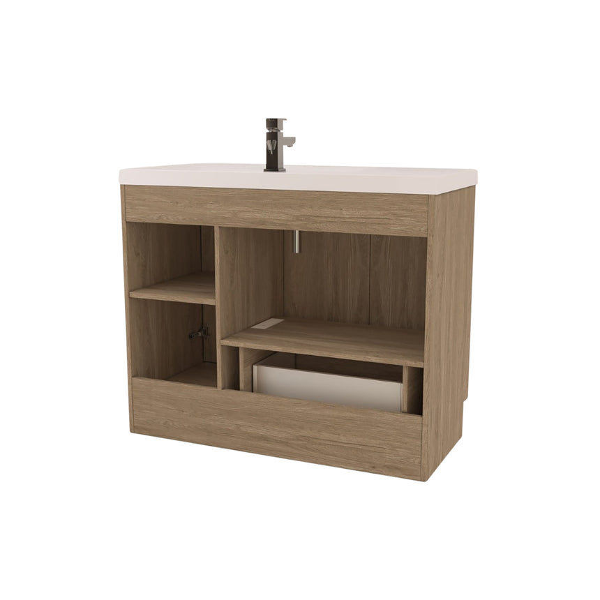 Bathroom vanity with wooden cabinets and decorative elements