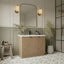 Mid-Century Modern Bathroom with wooden vanity, mirror, and decorative elements.