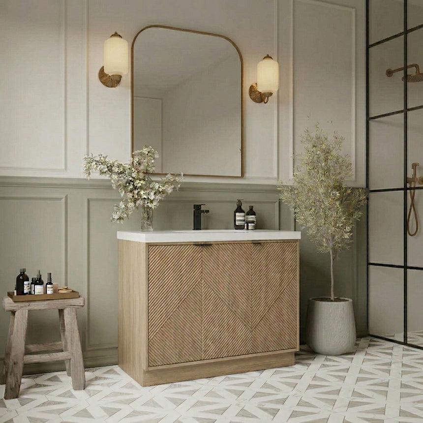 Bathroom vanity with wooden cabinets and decorative elements