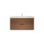 Wooden bathroom vanity with white countertop on a white background