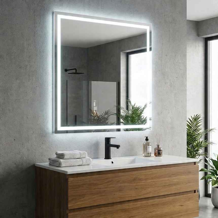 Bathroom mirror with LED lighting on a concrete wall.