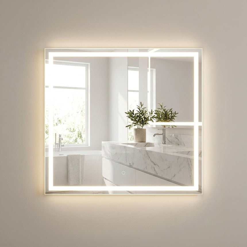 Bathroom mirror with LED lighting on a concrete wall.