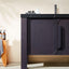 Bathroom vanity with dark countertop and cabinet, light-colored wall and floor.