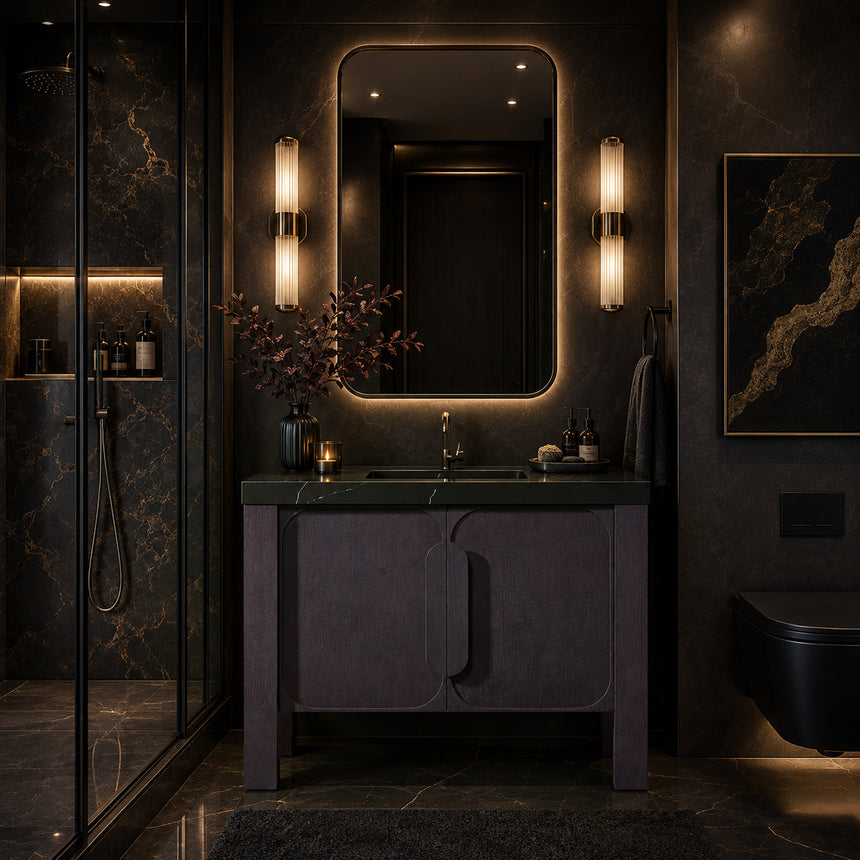 Bathroom with wooden vanity, white countertop, and decorative elements.