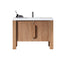 Wooden bathroom vanity with white countertop on a white background