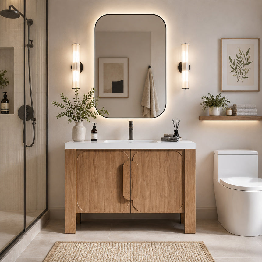Bathroom with wooden vanity, white countertop, and decorative elements.